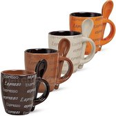 4 espressokopjes met 4 lepels - 8-delige decoratieset, crèmebruin, donkerbruin, oranje, keramische kwaliteit, hoogte 7 cm/50 ml
