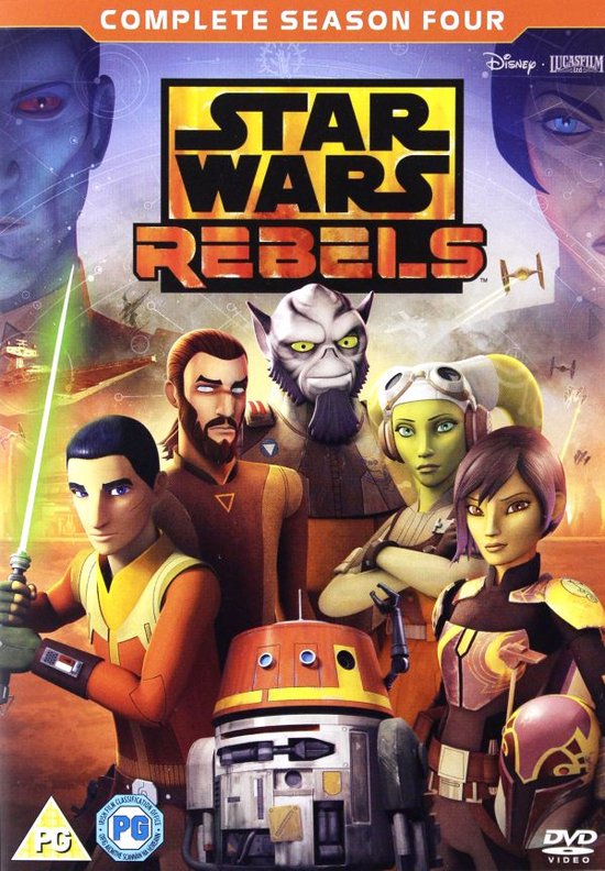 De cover van Star Wars Rebels: Compleet Seizoen Vier toont de hoofdpersonages Ezra Bridger, Kanan Jarrus, Hera Syndulla, Sabine Wren, Zeb Orrelios en Chopper.