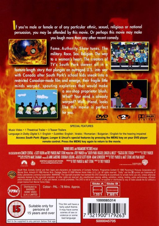 Achterkant van de South Park: Bigger, Longer & Uncut DVD met synopsis, speciale kenmerken en logo's.