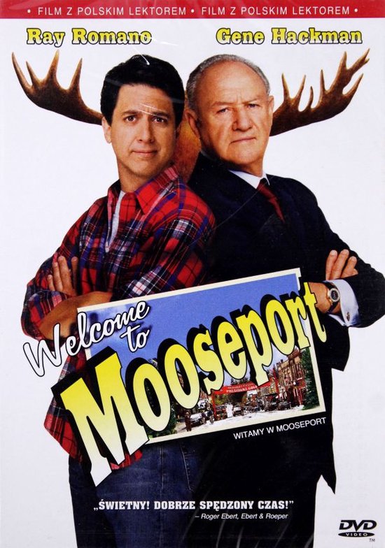 Ray Romano met geruite blouse en Gene Hackman in pak, met elandengeweien op de achtergrond. "Welcome to Mooseport".