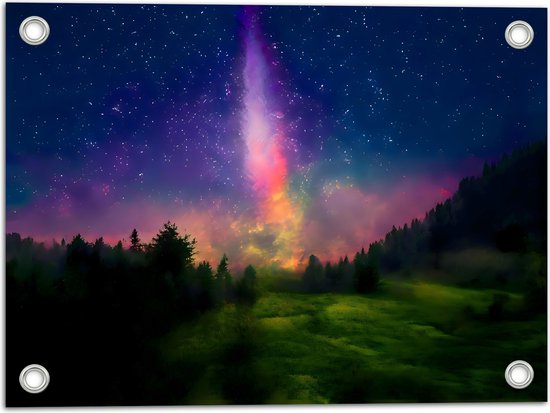 Tuinposter – Melkweg boven Bos in de Nacht - 40x30 cm Foto op Tuinposter (wanddecoratie voor buiten en binnen)