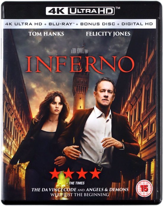 4K Ultra HD Blu-ray van Inferno met Tom Hanks en Felicity Jones, met een stedelijk gebouw op de achtergrond.