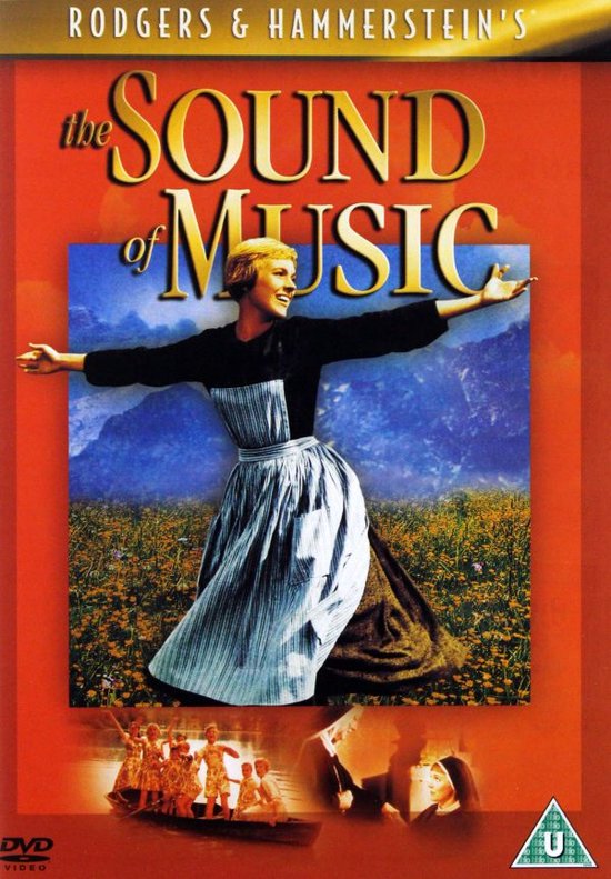 DVD-hoes van The Sound of Music met een vrouw in traditionele kledij op een heuvel, met bergen op de achtergrond.