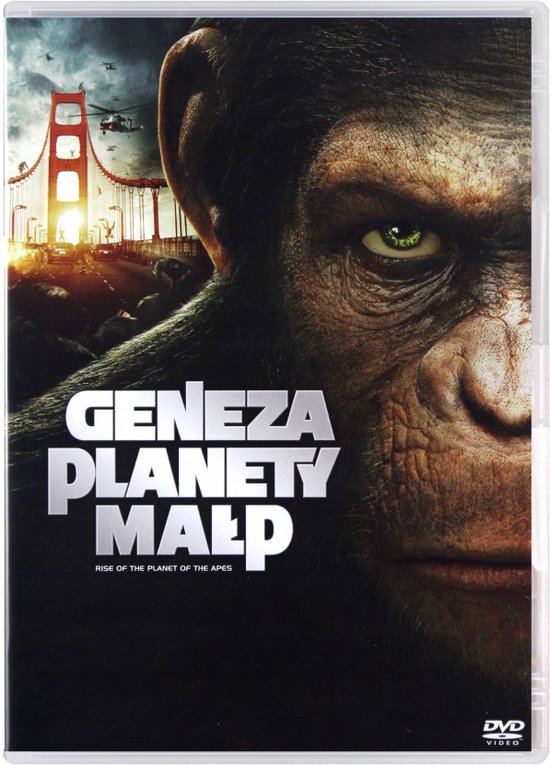 De voorkant van de dvd-hoes van Rise of the Planet of the Apes, met een close-up van Caesar's oog en de Golden Gate Bridge op de achtergrond.