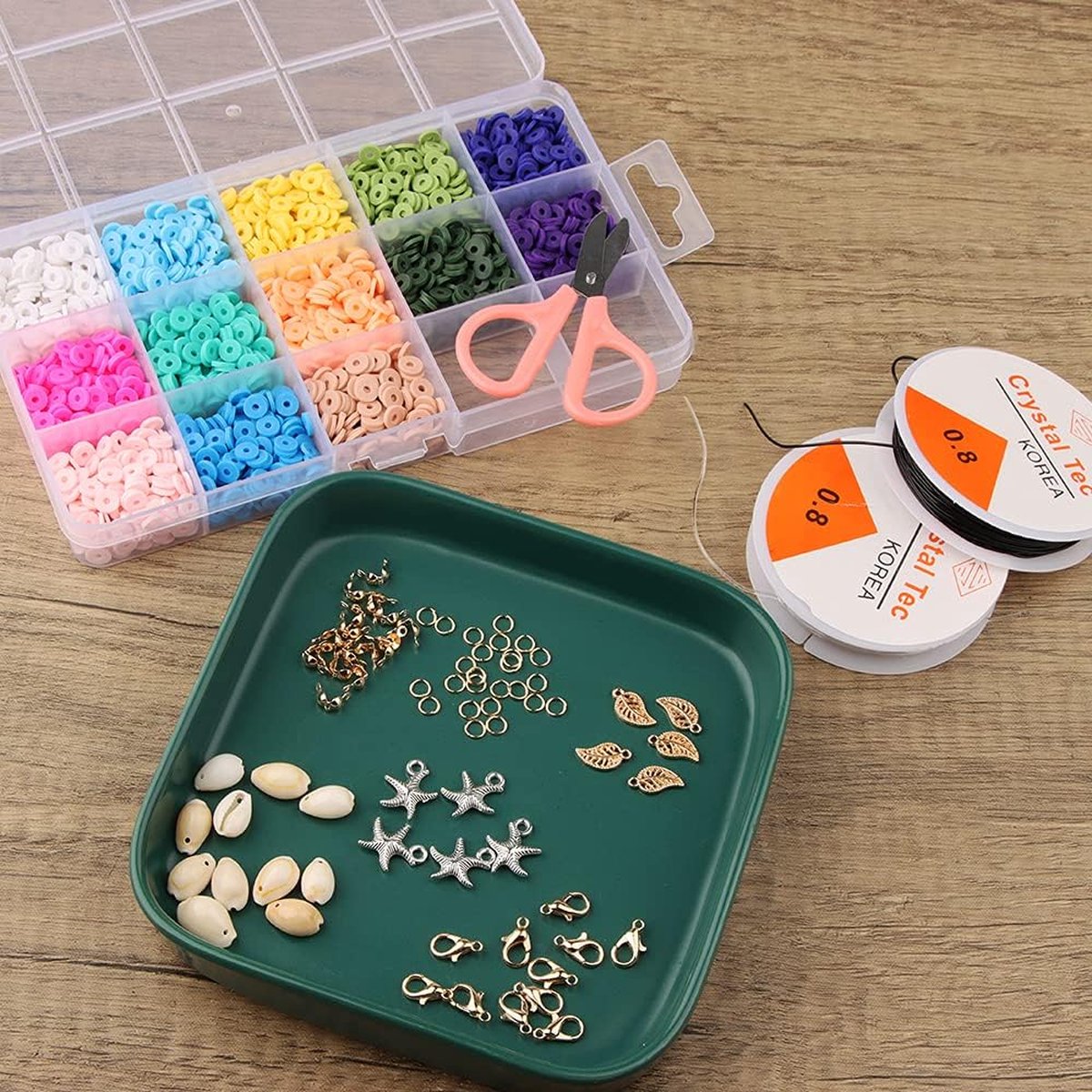 1100 pièces Kit de perles plat rond en argile polymère CCB breloques perles  Kit de fabrication de bijoux avec boîte de cordon élastique pour bracelet