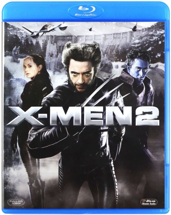 Blu-ray hoesje van X-Men 2 met Wolverine op de voorgrond, met aan weerszijden Jean Grey en Nightcrawler.