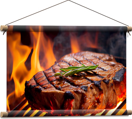 Textielposter - Brandende Steak op Barbecue - 60x40 cm Foto op Textiel