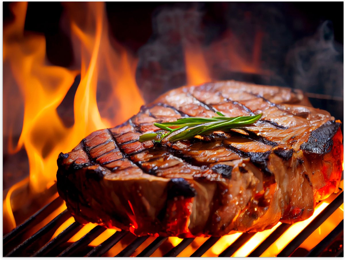 Poster (Mat) - Brandende Steak op Barbecue - 80x60 cm Foto op Posterpapier met een Matte l