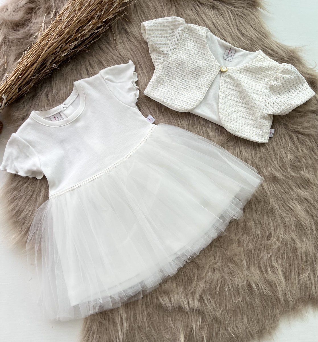luxe feestjurk met korte jas-bruidsjurk-doopjurk-doopkleding-bruidsmeisjes-doopsel-bruiloft--fotoshoot-tule jurk met korte mouwen-baby jurk-tweedelige set-effen katoenen jurk met steentjes- wit ivoor goudkleur kleur-gestipt - maat 74 - 6-9 maanden