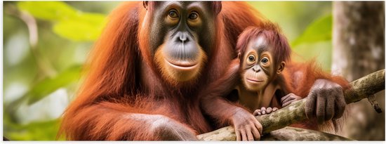 Poster Glanzend – Orang Oetan Aap met Baby zittend bij Takken - 60x20 cm Foto op Posterpapier met Glanzende Afwerking