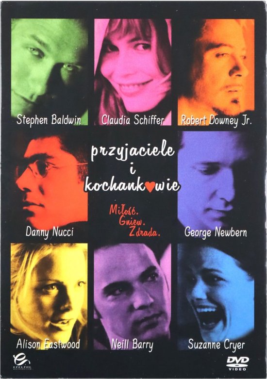 DVD-hoes "Przyjaciele i kochankowie" met de cast op de voorkant in gekleurde portretten: Stephen Baldwin, Claudia Schiffer, Robert Downey Jr., Danny Nucci, George Newbern, Alison Eastwood, Neill Barry, Suzanne Cryer.