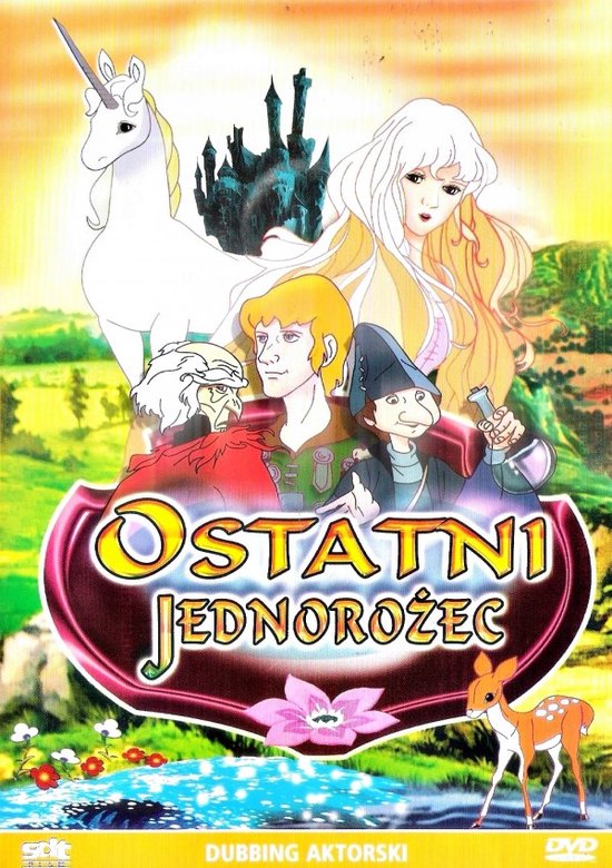 DVD-cover met de titel 'Ostatni Jednorożec'. Centraal staan een prinses, een jongeman, een tovenaar en een heks. Op de achtergrond een kasteel en een eenhoorn. Een hertje staat onderaan.