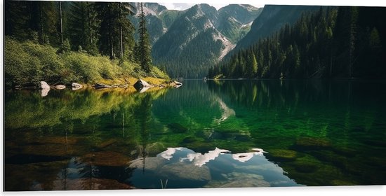 Dibond - Bergen aan het Eind van Rivier - 100x50 cm Foto op Aluminium (Wanddecoratie van metaal)