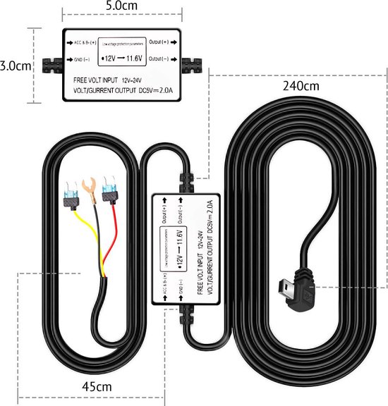 CAMWAY OBD Dash Cam Hardwire Kit Mini USB 12V-24V à 5V Câble Rigide Kit