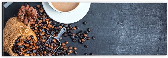 Dibond - Bovenaanzicht van Kop Koffie met Jutten Zak met Koffieboontjes - 60x20 cm Foto op Aluminium (Wanddecoratie van metaal)