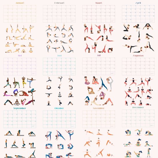 Yoga verjaardagskalender met 4 maanden, elk met diverse yoga illustraties.