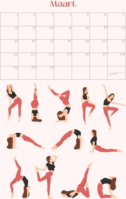 Kalender met 11 yoga poses in zwart en rood sportkleding voor maart.
