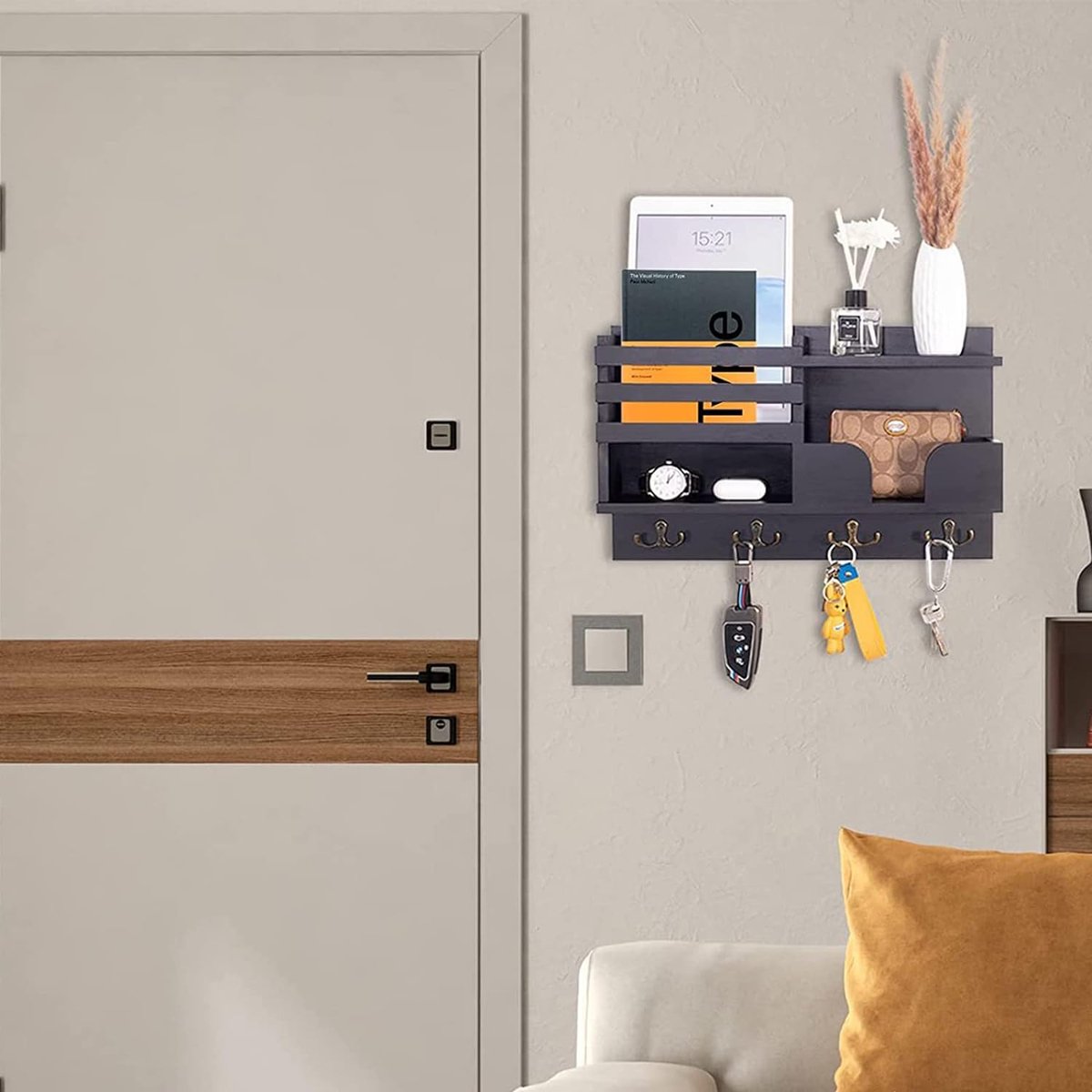 Porte-Clés Mural Jemyxhw Avec Étagère Et 5 Crochets - Décoration Entrée Bois Naturel