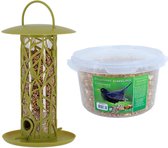 Vogel voedersilo met zitstokjes en tray groen kunststof 27 cm inclusief 4-seizoenen mueslimix vogelvoer - Vogel voederstation