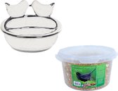 Vogelvoeder- en drinkschaal wit keramiek 21 cm inclusief 4-seizoenen mueslimix vogelvoer - Vogel voederstation