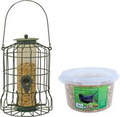 Vogel voedersilo voor kleine vogels metaal groen 36 cm inclusief 4-seizoenen mueslimix vogelvoer - Vogel voederstation
