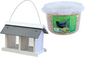 Vogelhuisje/voedersilo met twee vakken wit hout/leisteen 31 cm inclusief 4-seizoenen mueslimix vogelvoer - Vogel voederstation