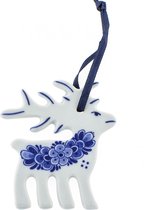 Heinen Delfts Blauw - Kerstornament - Rendier met bloem - 2 stuks
