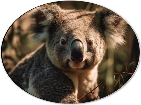 Dibond Ovaal - Aankijkende Koala in het Bos - 40x30 cm Foto op Ovaal (Met Ophangsysteem)