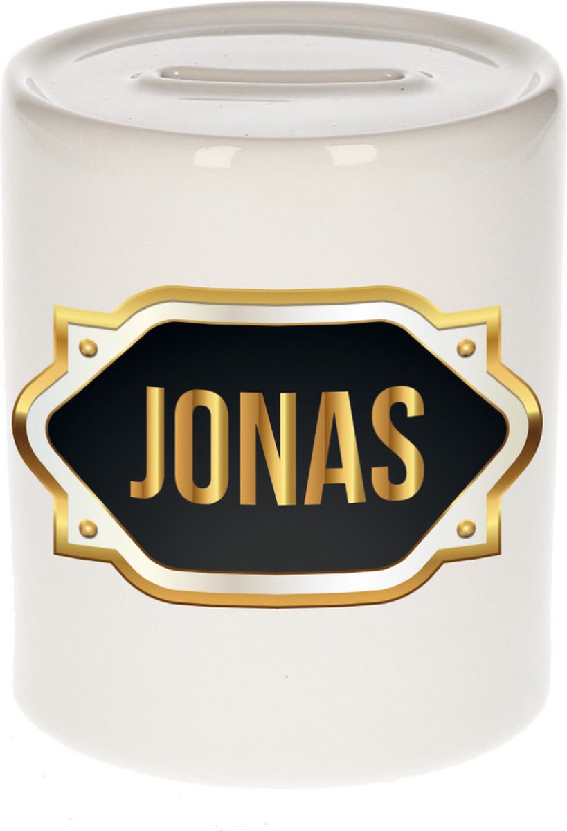 Spaarpot met voornaam Jonas - wit - met goud/zwart embleem - 8 x 9 cm - keramiek - met afsluitdop - cadeau verjaardag