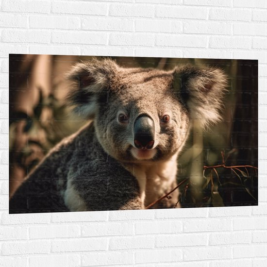 Muursticker - Aankijkende Koala in het Bos - 120x80 cm Foto op Muursticker