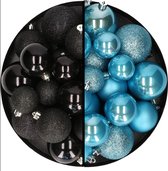 Kerstballen 60x stuks - mix zwart/ijsblauw - 4-5-6 cm - kunststof - kerstversiering