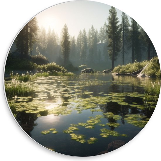 PVC Schuimplaat Muurcirkel - Bladeren Dobberend op Rivier omringd door Hoge Bomen - 30x30 cm Foto op Muurcirkel (met ophangsysteem)