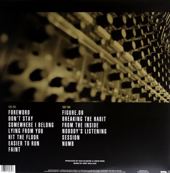 Arrière de la pochette d'album 'Meteora' de Linkin Park, avec la liste des pistes.