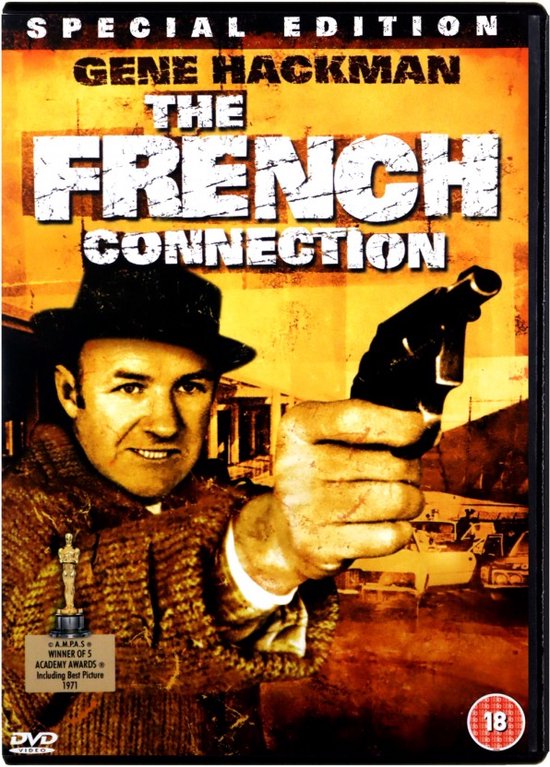 DVD-cover met Gene Hackman met een pistool, 'The French Connection' titel.