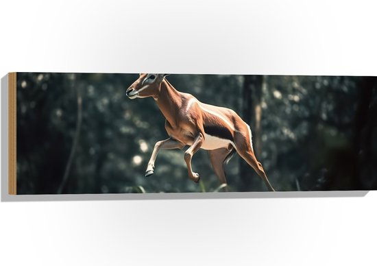 Hout - Antilope Springend door het Bos - 90x30 cm - 9 mm dik - Foto op Hout (Met Ophangsysteem)