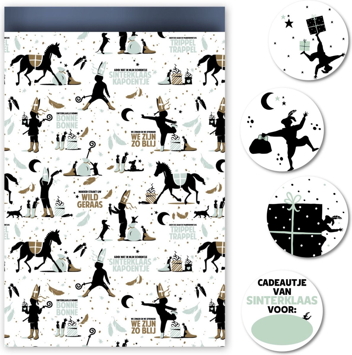 10 x Sinterklaas Inpakzakjes - 4 Cadeaustickers - Cadeauzakjes Papier Blauw Goud - 17 x 25 cm