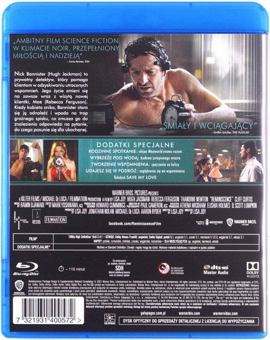 Achterkant Blu-ray hoes van Reminiscence met Hugh Jackman, Rebecca Ferguson, Thandiwe Newton en Cliff Curtis. Een man met een headset kijkt bezorgd naar een klok.