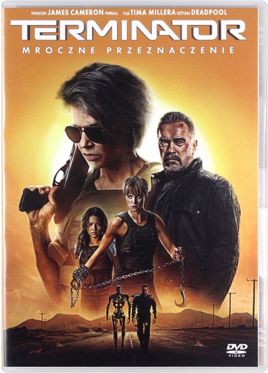Voorzijde van de DVD-hoes van Terminator: Dark Fate met Linda Hamilton als Sarah Connor, Arnold Schwarzenegger als T-800 en Mackenzie Davis als Grace.
