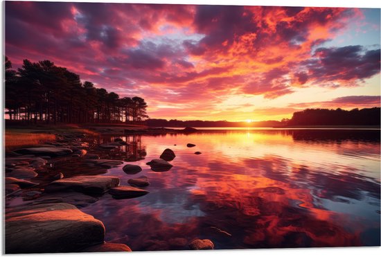 Acrylglas - Kleurrijke Zonsondergang bij Groot Meer - 90x60 cm Foto op Acrylglas (Wanddecoratie op Acrylaat)