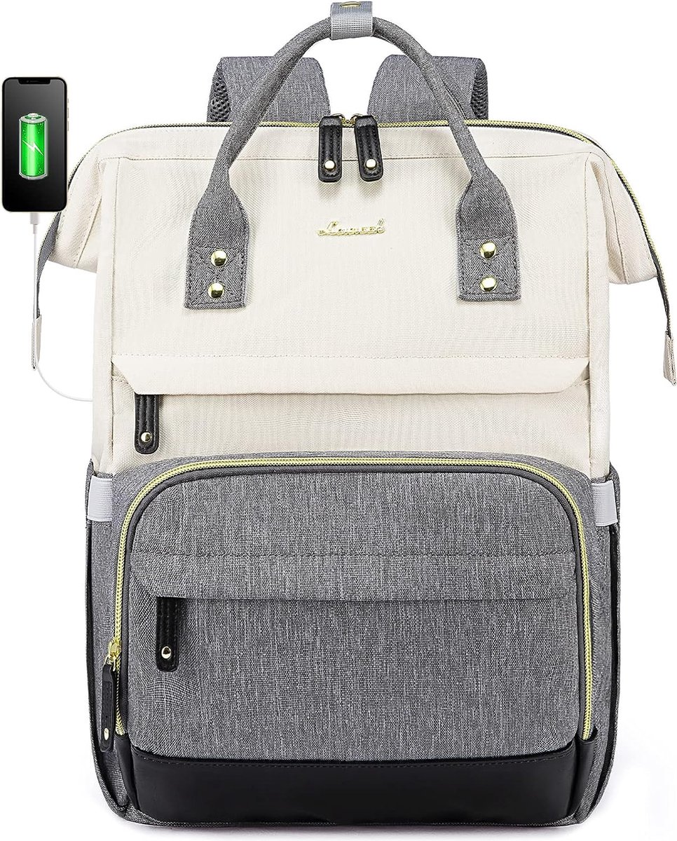Laptop rugzak 17.3 inch - Grijs/beige - USB-oplaadpoort - Rugtas voor volwassenen en tieners - Waterdichte laptoptas