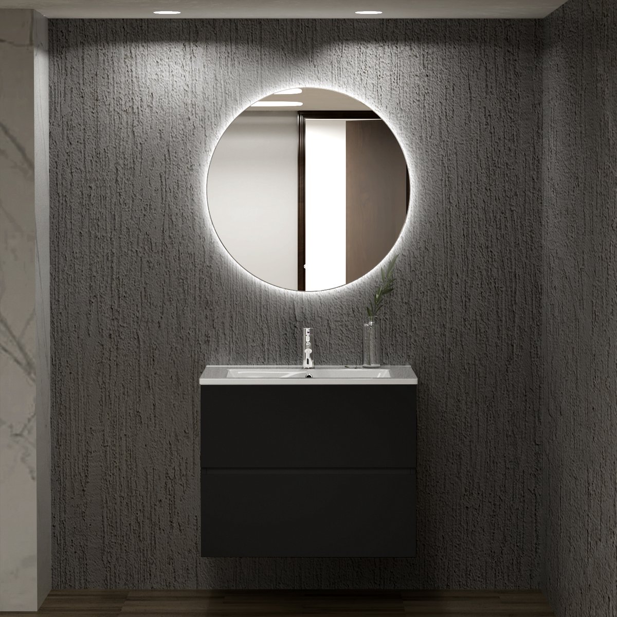 Badkamermeubel met wastafel Zwart 60 CM en Ronde LED Badkamerspiegel 60 CM - Complete Badkamermeubelset - Vestland