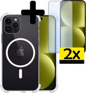 Hoesje Geschikt voor iPhone 15 Pro Max Hoesje Geschikt voor Magsafe Siliconen Shock Proof Case Met 2x Screenprotector - Transparant