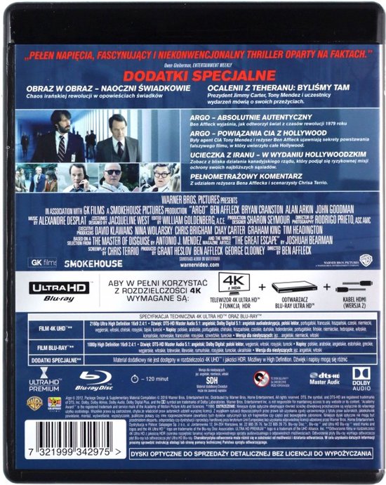 Achterkant van de Blu-ray hoes met filmdetails en afbeeldingen van scènes. Met "4K ULTRA HD" en "BLU-RAY" logo's.