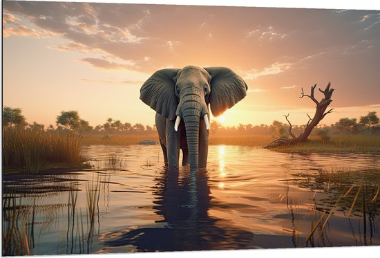 Dibond - Olifant Lopend door Laagstaand Beekje bij Zonsondergang - 120x80 cm Foto op Aluminium (Wanddecoratie van metaal)
