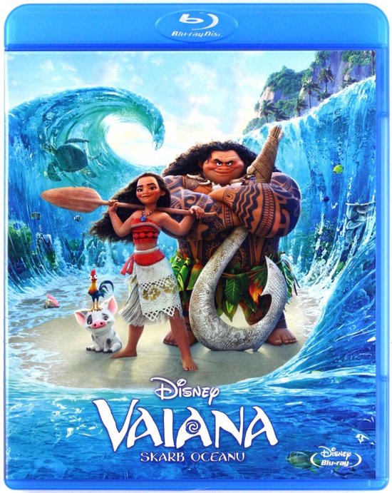 Blu-ray hoes van Vaiana met Moana, Maui en Pua op het strand, met een grote golf op de achtergrond.