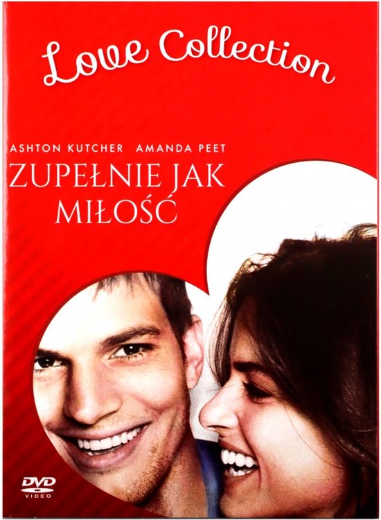 Voorzijde van de 'Love Collection' DVD-hoes van 'Zupelnie jak milosc' met lachende close-ups van Ashton Kutcher en Amanda Peet.