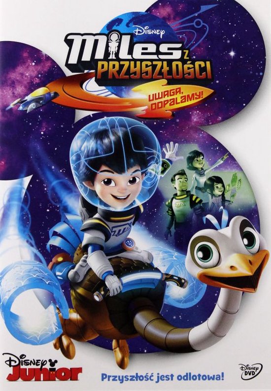 Miles van Tomorrowland op de DVD-hoes, met Miles in een blauw-wit ruimtepak op een voertuig, omringd door ruimte, sterren en andere personages.