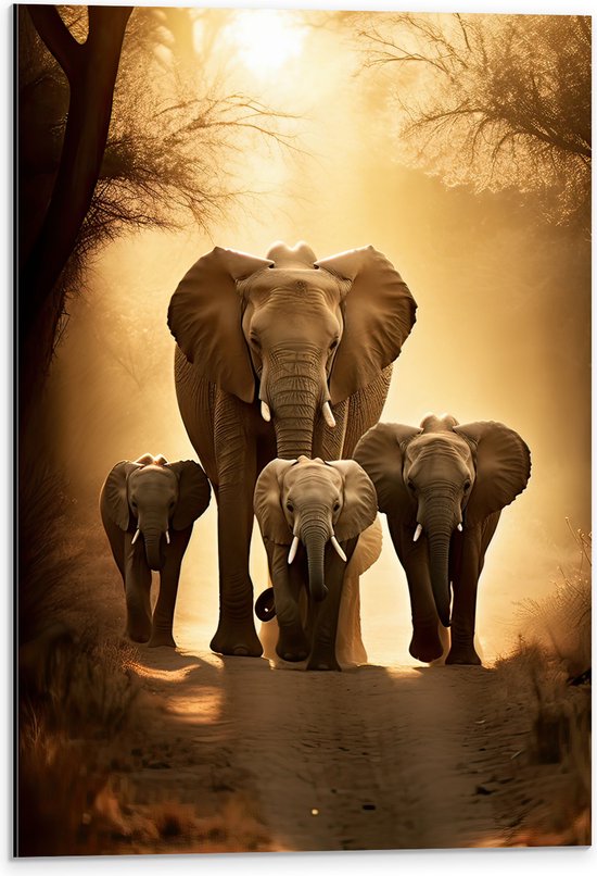 Dibond - Lopende Olifant met Drie Jongen over bospad - 40x60 cm Foto op Aluminium (Wanddecoratie van metaal)