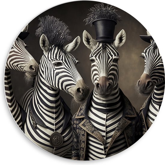 PVC Schuimplaat Muurcirkel - Familie Zebra's met Verschillende Hoeden - 50x50 cm Foto op Muurcirkel (met ophangsysteem)