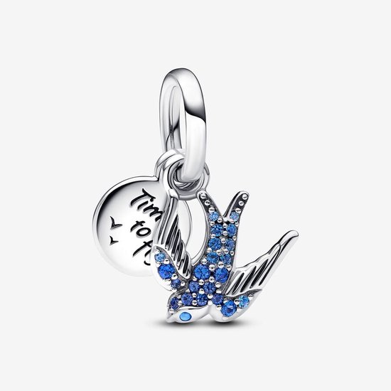 Fler® | Bedel | Past op populaire bedel armbanden (standaard-3mm) | armbandbedel | Sprankelende zwaluw en citaat dubbele Hangende Bedel | Hangbedel Charm | 925 sterling zilver | Blauw | Vriendschap, Verjaardag, Cadeau | Valentijn kado